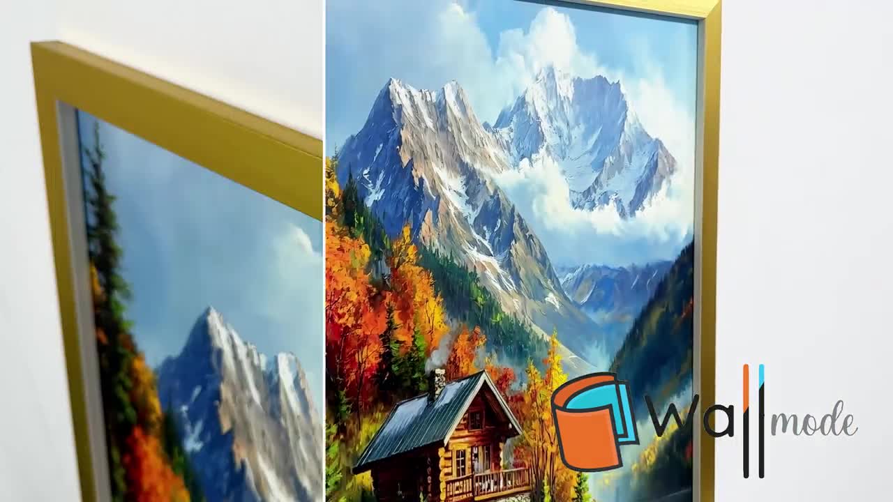 額装された山小屋の壁画：素朴な秋の風景の壁画風ウォールアート